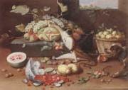 Jan Van Kessel the Younger Still life of a watermelon,pears,grapes and melons,plums,apricots and pears in a basket,with a dog surprising a monkey and fraises-de-bois spilling ou oil on canvas